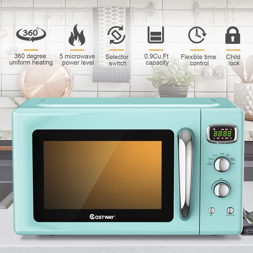 Retro Compact Countertop Microwave Oven, 0.9 cu ft, 900W, Defrost, Auto Cook, LED Display, Child Lock K12982