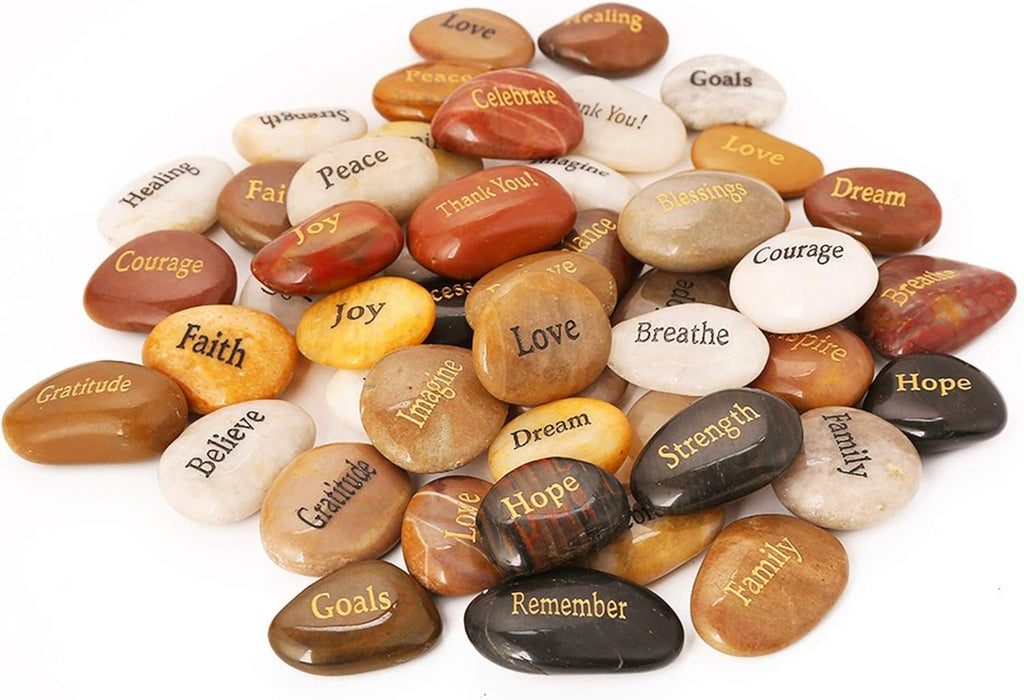 50PCS Engraved Rocks Different Words Inspirational Stones Bulk Faith Stones Zen Stones Gratitude Rocks Healing Prayer Stones Encouragement Rocks, 2"-3" each