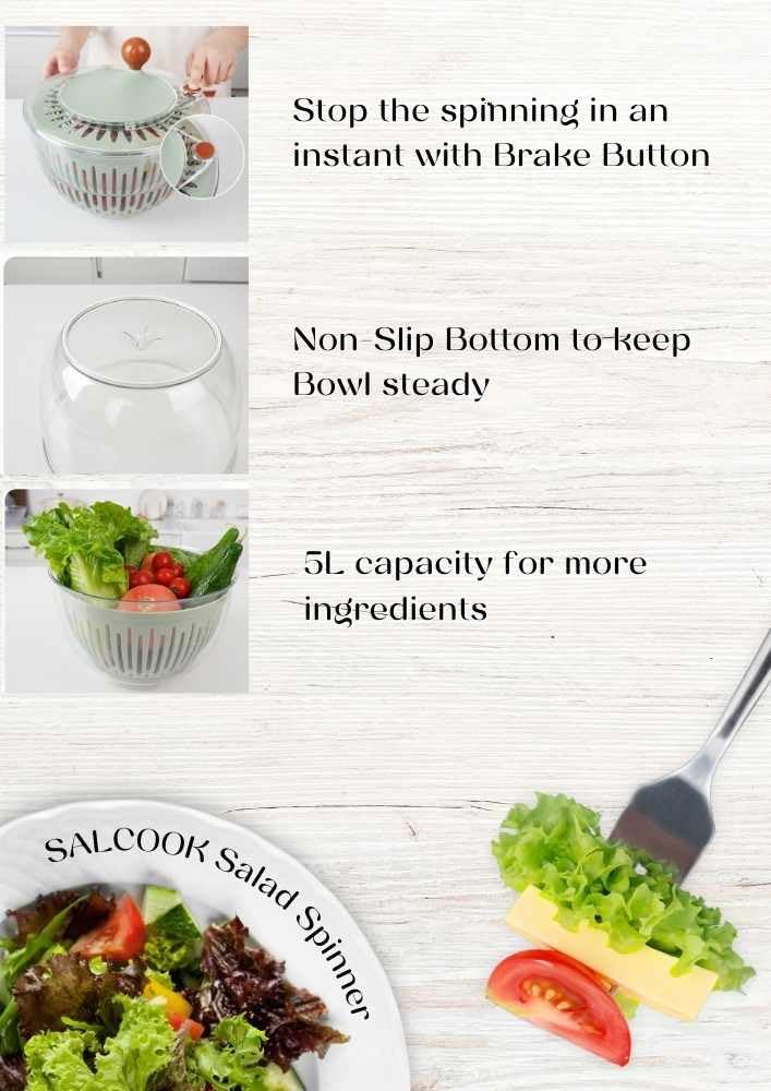 Salad Spinner, Salad Mixer, Plastic Manual Fruit and Vegetable Large Salad Spinner, Quick and Easy Multi-Use Spinner and Dryer with Storage Container.
