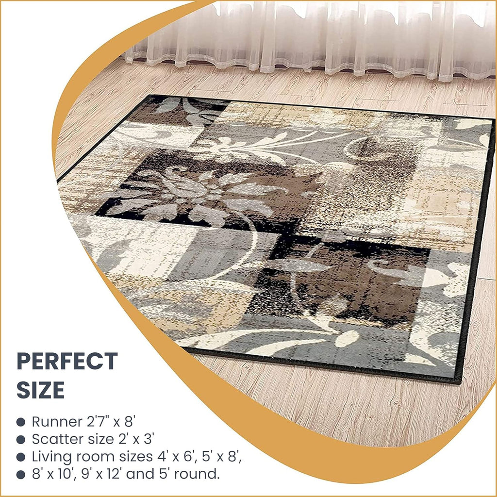 Indoor Large Area Rug with Jute Backing, Floral Geometric Decor, 5' x 5', Beige D785
