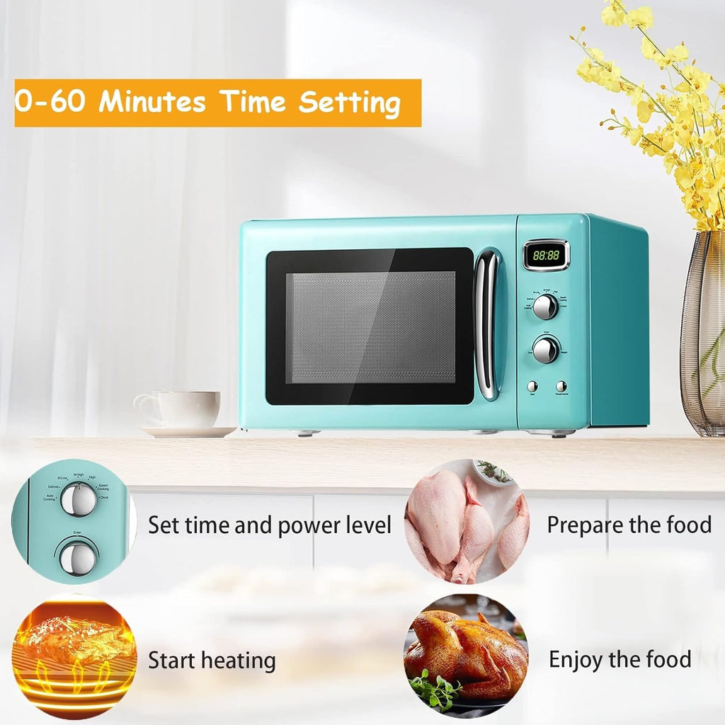 Retro Compact Countertop Microwave Oven, 0.9 cu ft, 900W, Defrost, Auto Cook, LED Display, Child Lock K12982