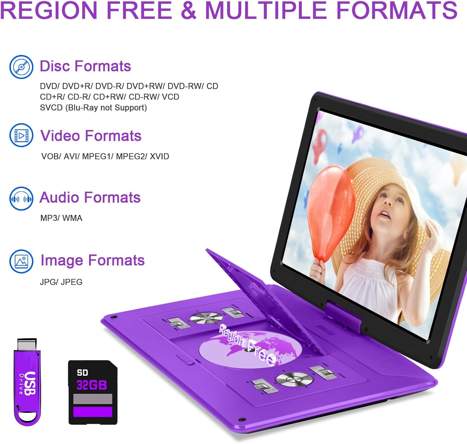 Portable DVD Player with 15.6" HD Screen, 6-Hour Battery, USB/SD Card Support K393