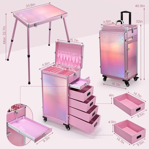 Rolling Manicure Table with 5 Drawers, Foldable Nail Desk on Wheels L19697