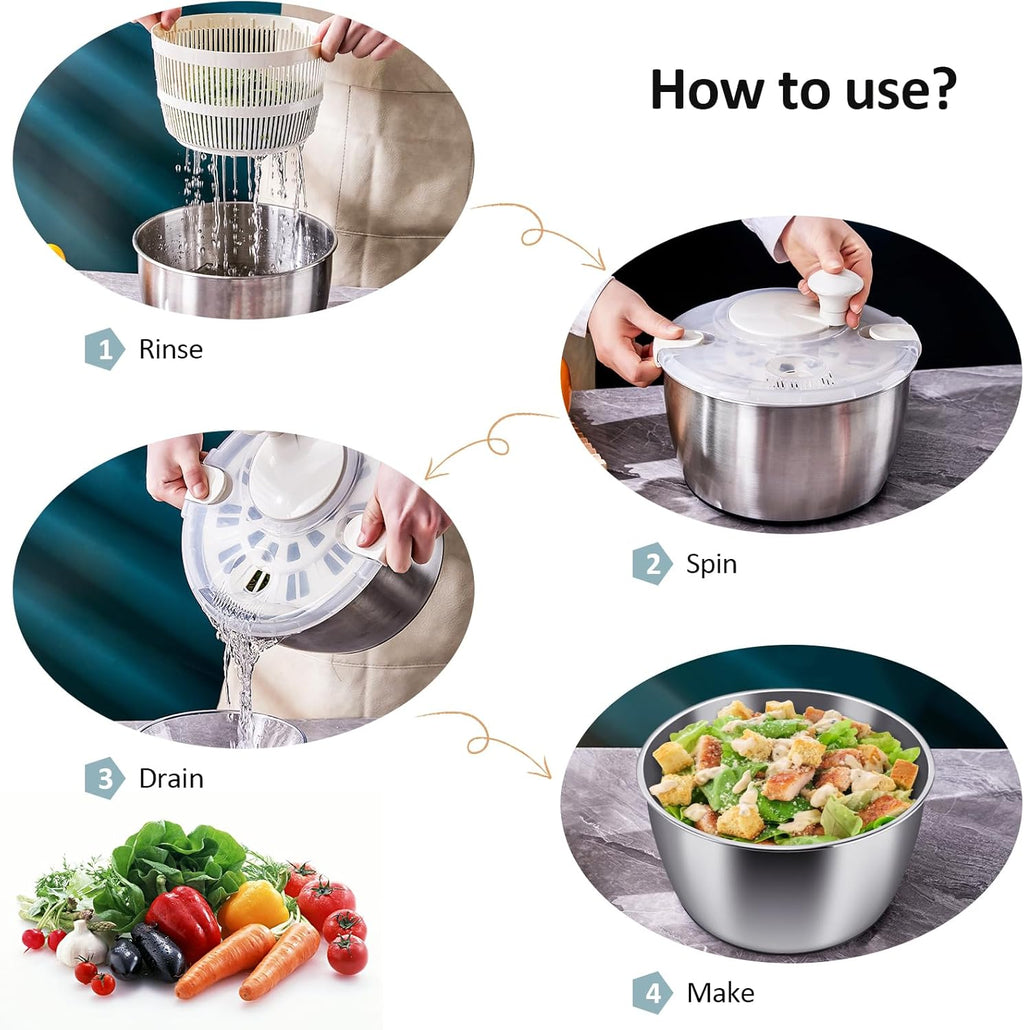Salad Spinner Stainless Steel Large, Multi-Use Lettuce Spinner with Drain Bowl Colander C4782
