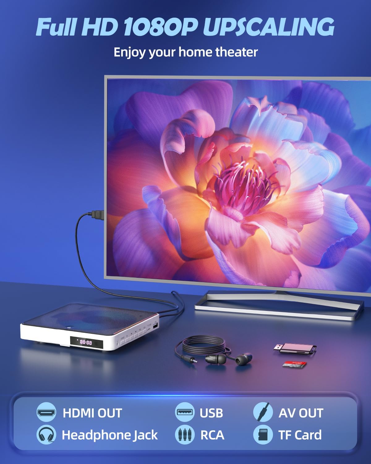 1080P Mini DVD Player for TV with HDMI, RCA Cable, Remote Control, USB and CD Support G5477