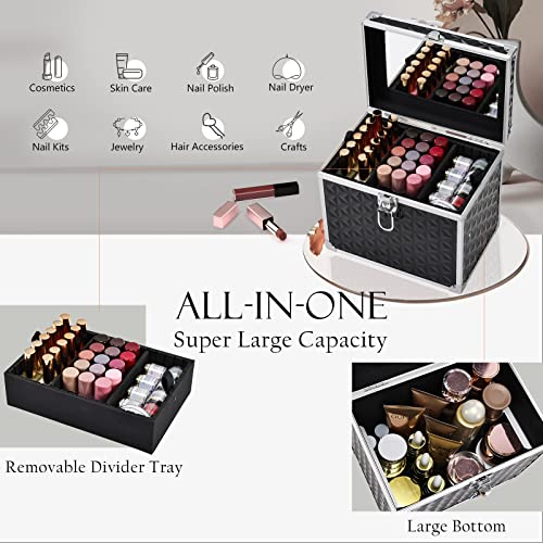 Makeup Train Case Travel Organizer with Divider Tray and Mirror D820