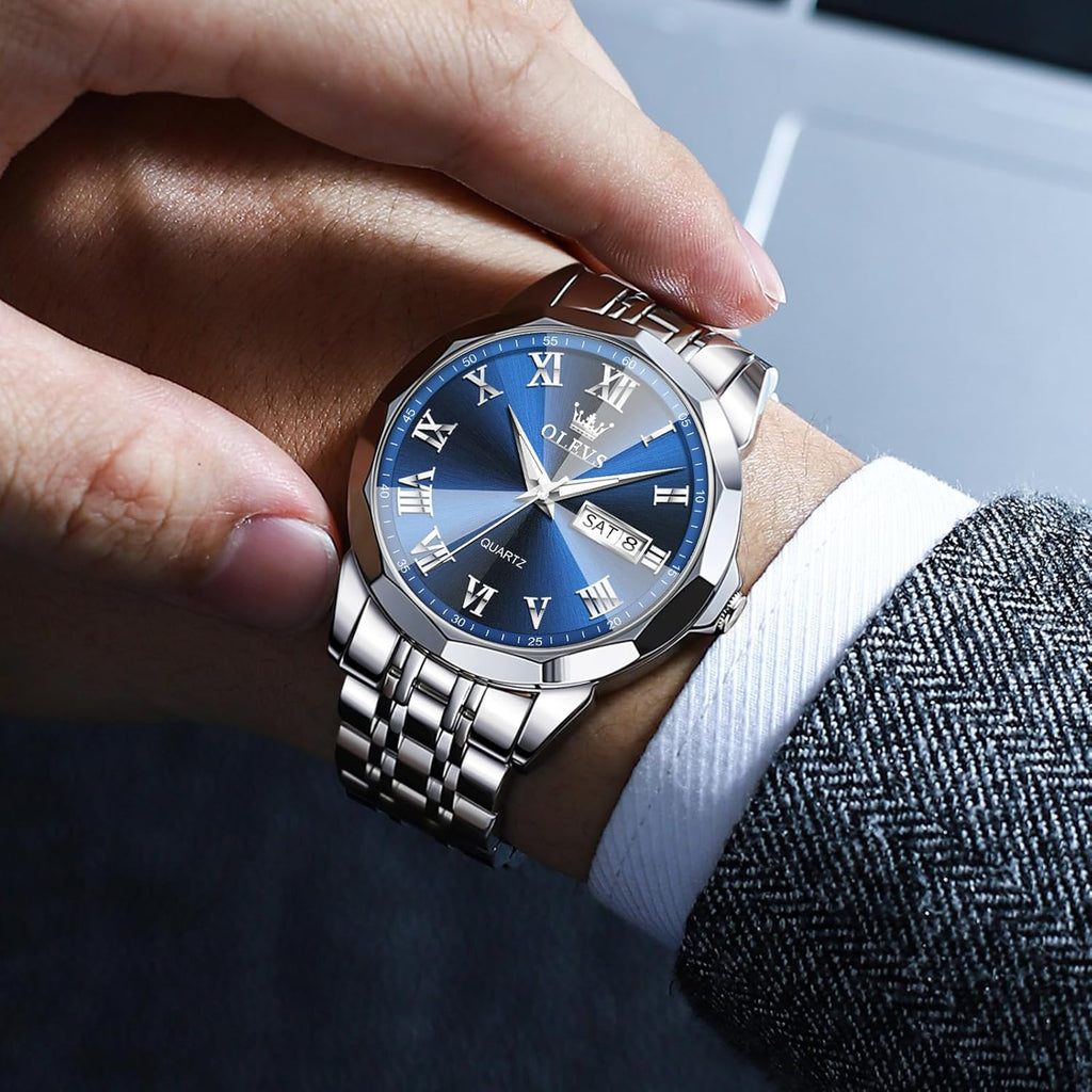 Men's Stainless Steel Watch with Date, Luminous Quartz, Waterproof H7285