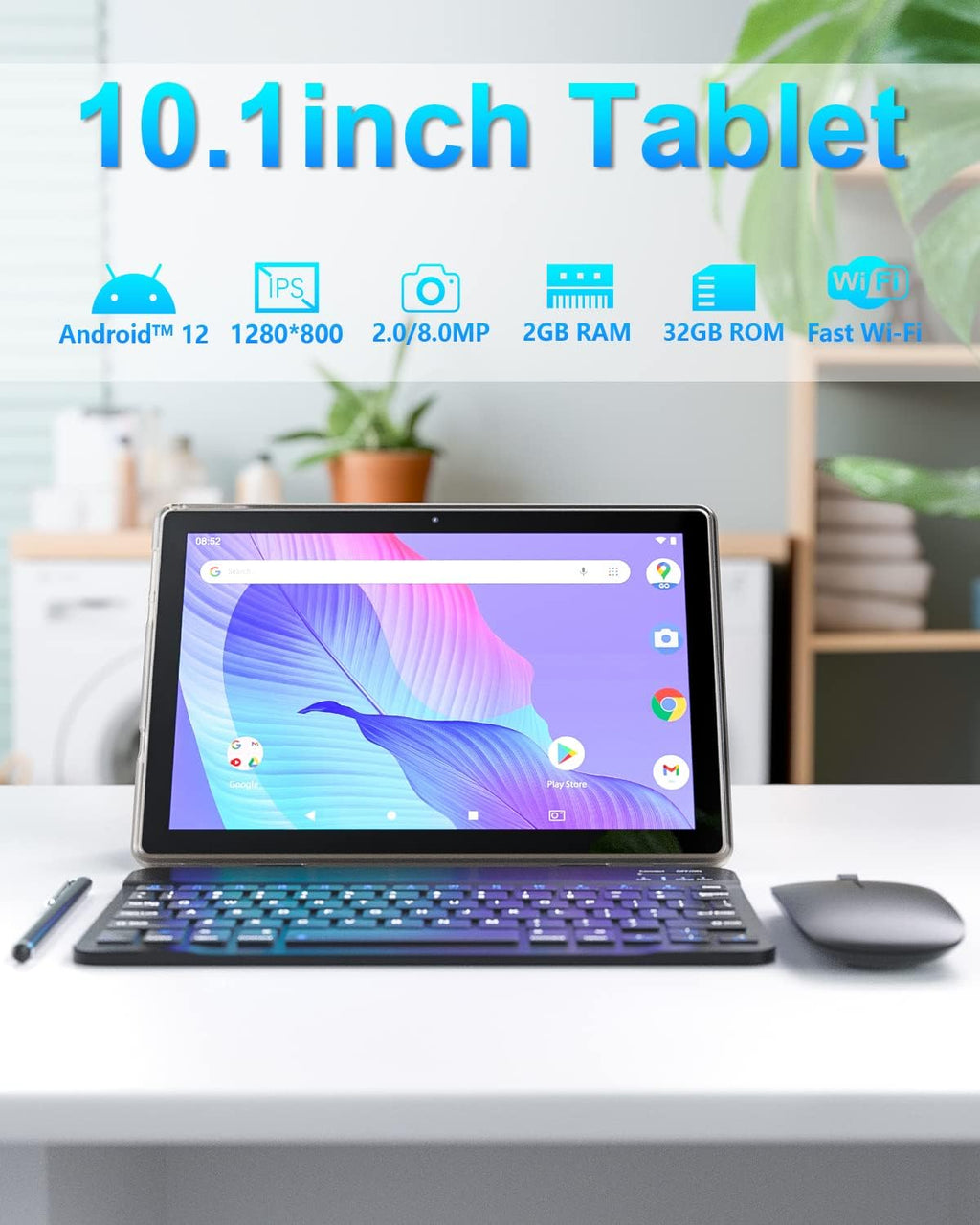 Tablet 10.1 Inch Android 12 with Keyboard, Mouse, Case, Stylus, 32GB ROM, 2GB RAM O8856