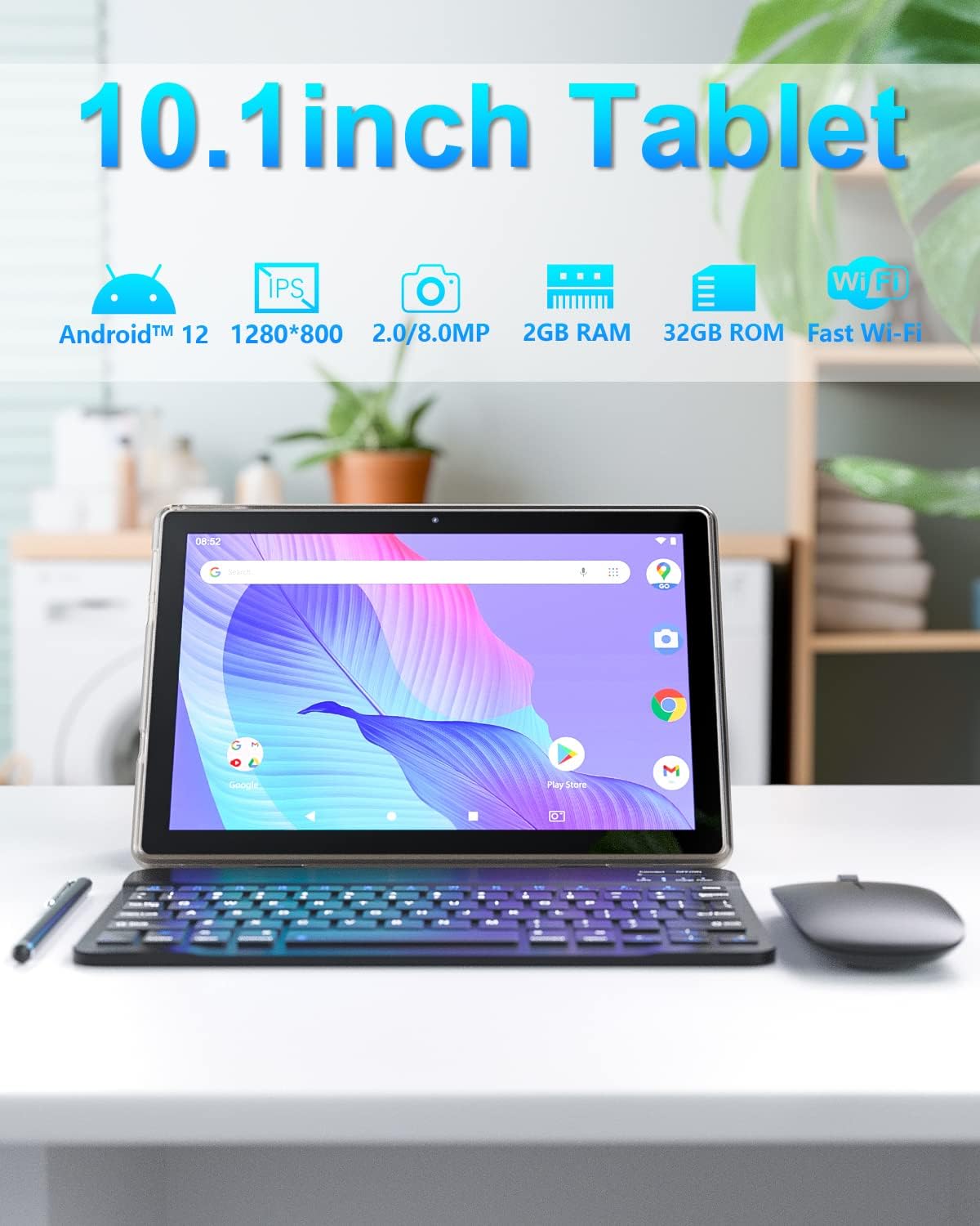 Tablet 10.1 Inch Android 12 with Keyboard, Mouse, Case, Stylus, 32GB ROM, 2GB RAM O8856
