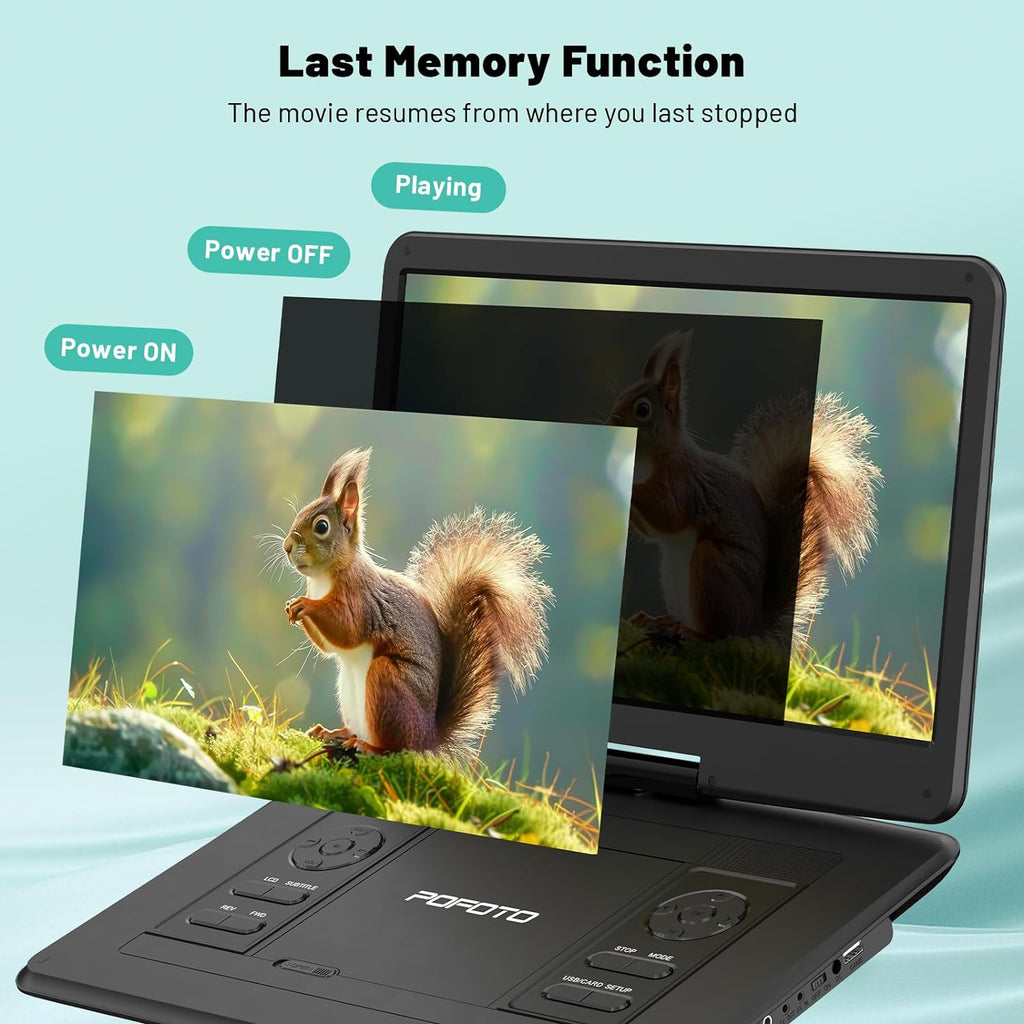 Portable DVD Player with 15.6" HD Screen, Rechargeable Battery, Remote Control Y457