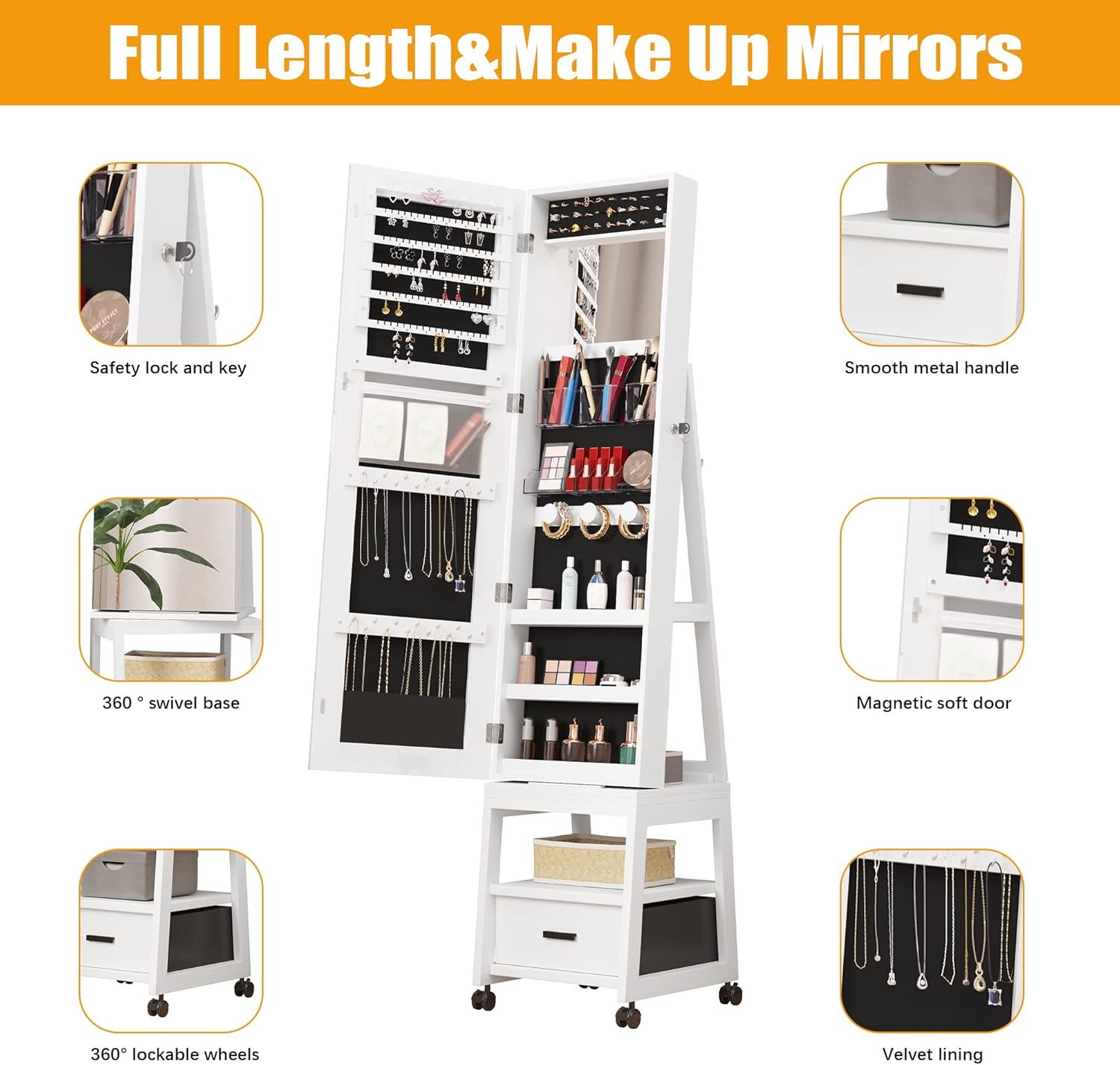 Floor Standing Jewelry Armoire with Full Length Mirror and Locking Storage D5953
