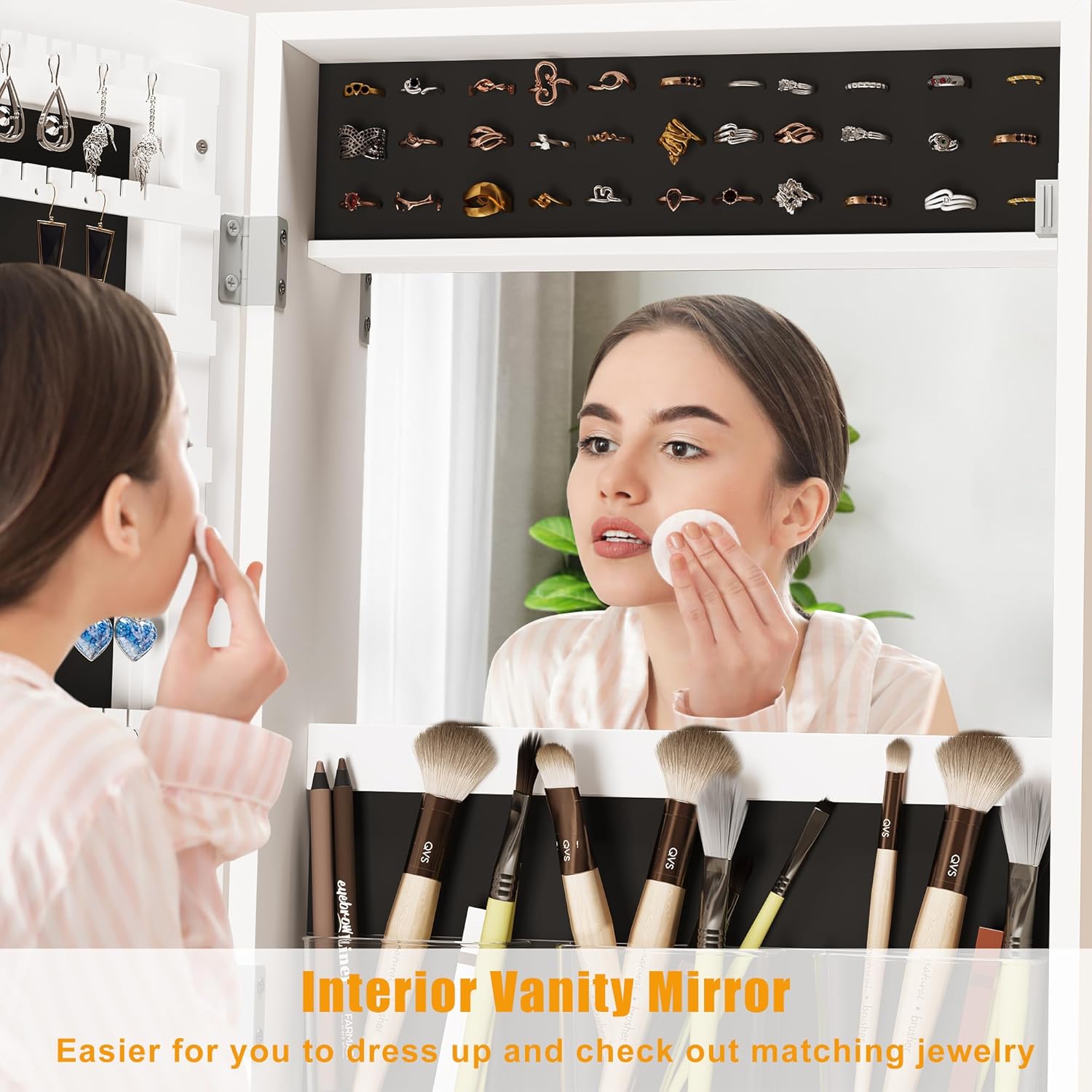 Floor Standing Jewelry Armoire with Full Length Mirror and Locking Storage D5953