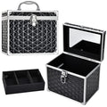 Costravio Makeup Train Case Travel Organizer Case Professional Cosmetic Storage Box with Divider Tray Mirror Portable Cosmetology Sewing Box for Makeup Artist Nail Tech Kits Crafters Train Case Black