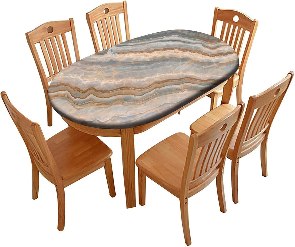 Fitted Oval Elastic Edge Tablecloths, Agate Marble Waterproof Wipe Clean Table Cloth, for Outdoor Picnic Camping and Indoor Kitchen Dining Party, Fits for 48" x 68" Oval Table
