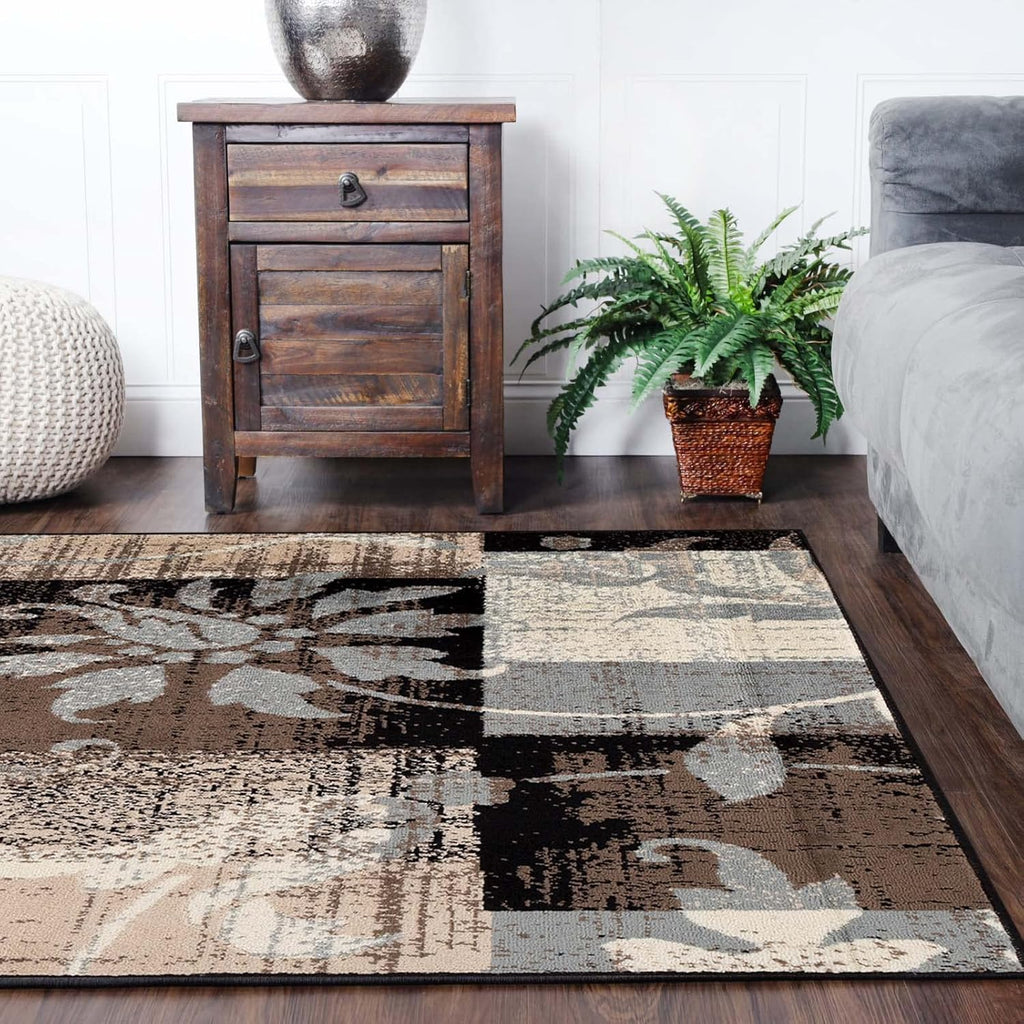 Indoor Large Area Rug with Jute Backing, Floral Geometric Decor, 5' x 5', Beige D785
