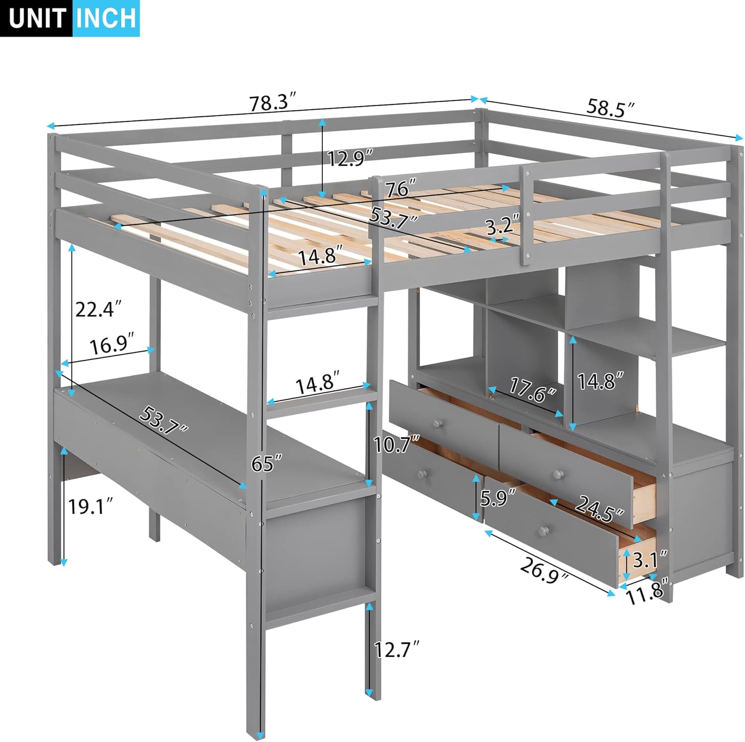 Full Size Loft Bed with Desk and 2 Drawers, Solid Wood, Grey W2237