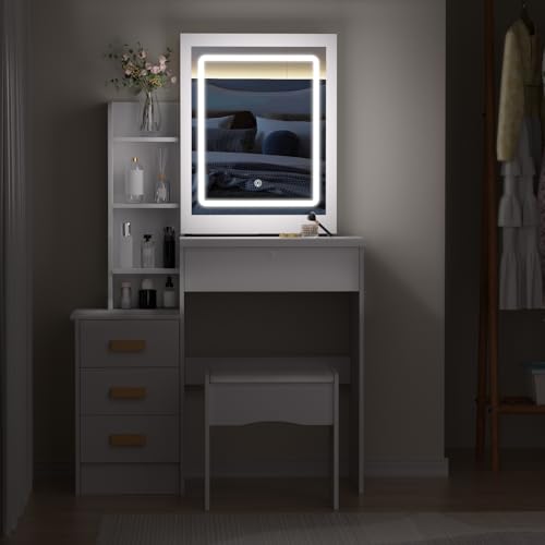 Vanity Desk with Sliding Mirror and Lights, 4 Drawers, Power Outlet R922957