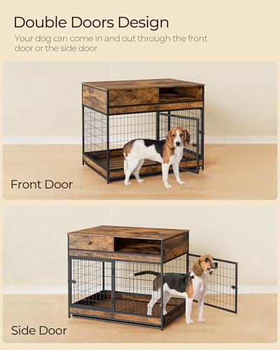 Dog Crate Furniture with Storage Drawer, Double Doors, Rustic Brown F932213