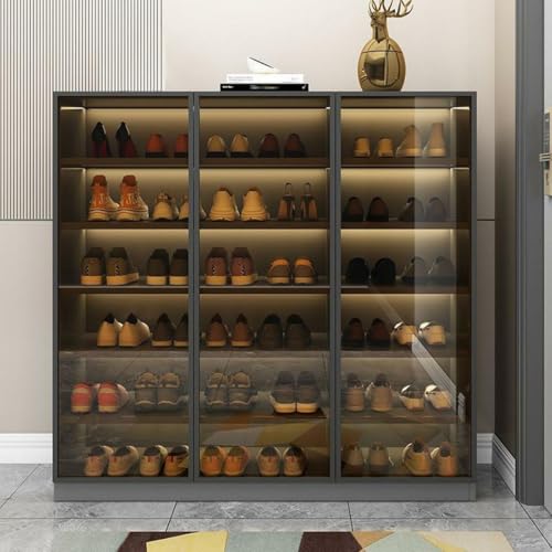 Shoe Cabinet with Glass Doors and Sensor Light, 6-Tier Freestanding Shoe Rack Storage Organizer T33337