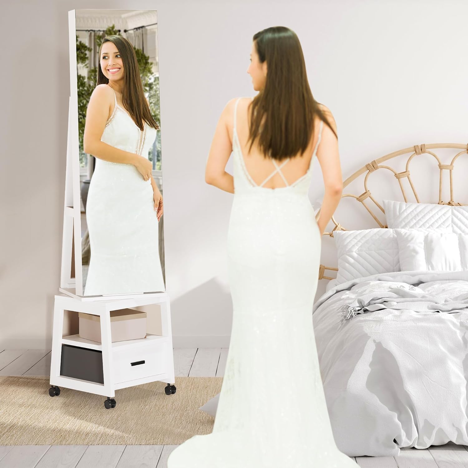 Floor Standing Jewelry Armoire with Full Length Mirror and Locking Storage D5953