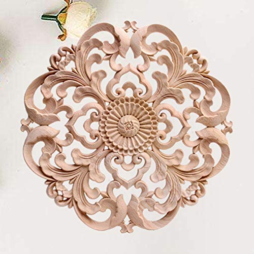 Wood Carved Onlay Applique Round Flower Unpainted Corner Decal for Furniture Door Decoration 15x15cm R62034