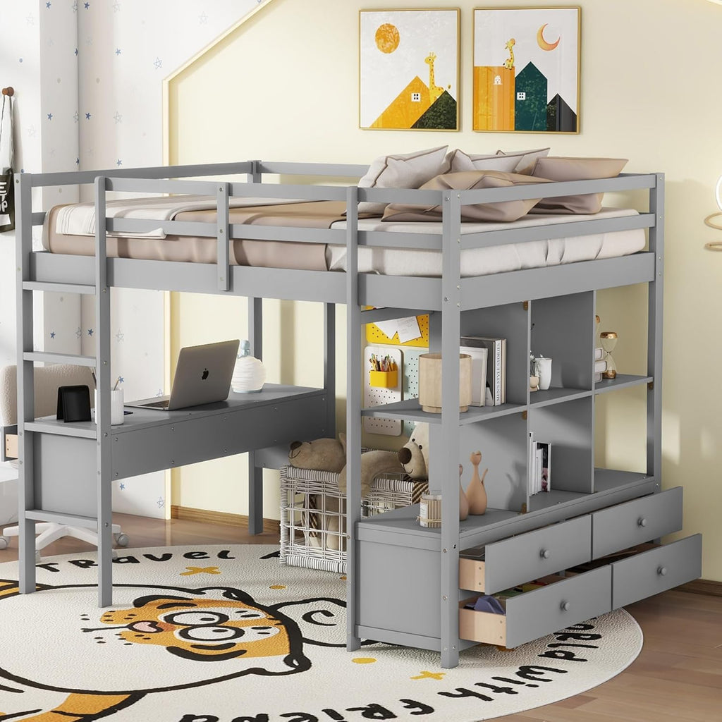 Full Size Loft Bed with Desk and 2 Drawers, Solid Wood, Grey W2237