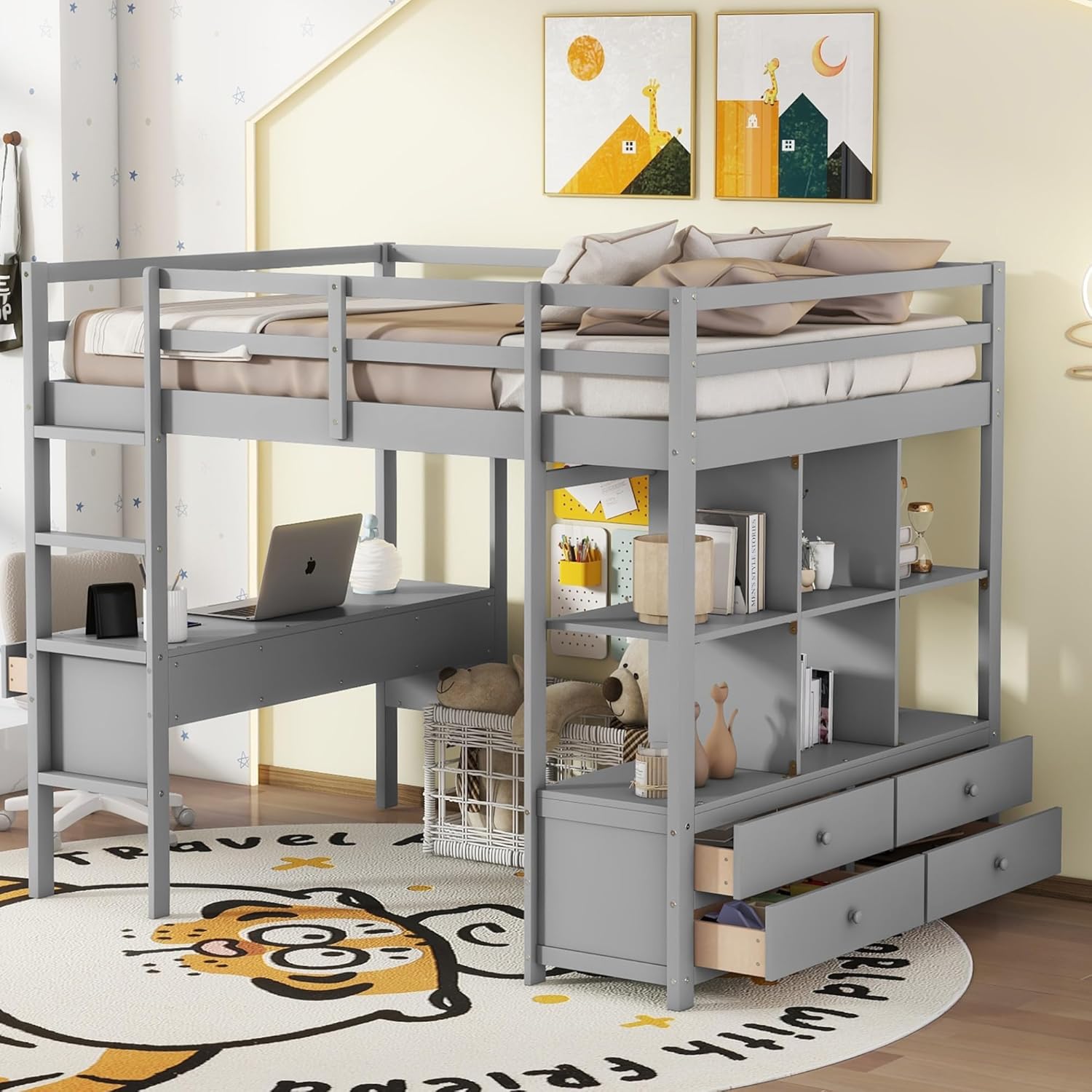 Full Size Loft Bed with Desk and 2 Drawers, Solid Wood, Grey W2237